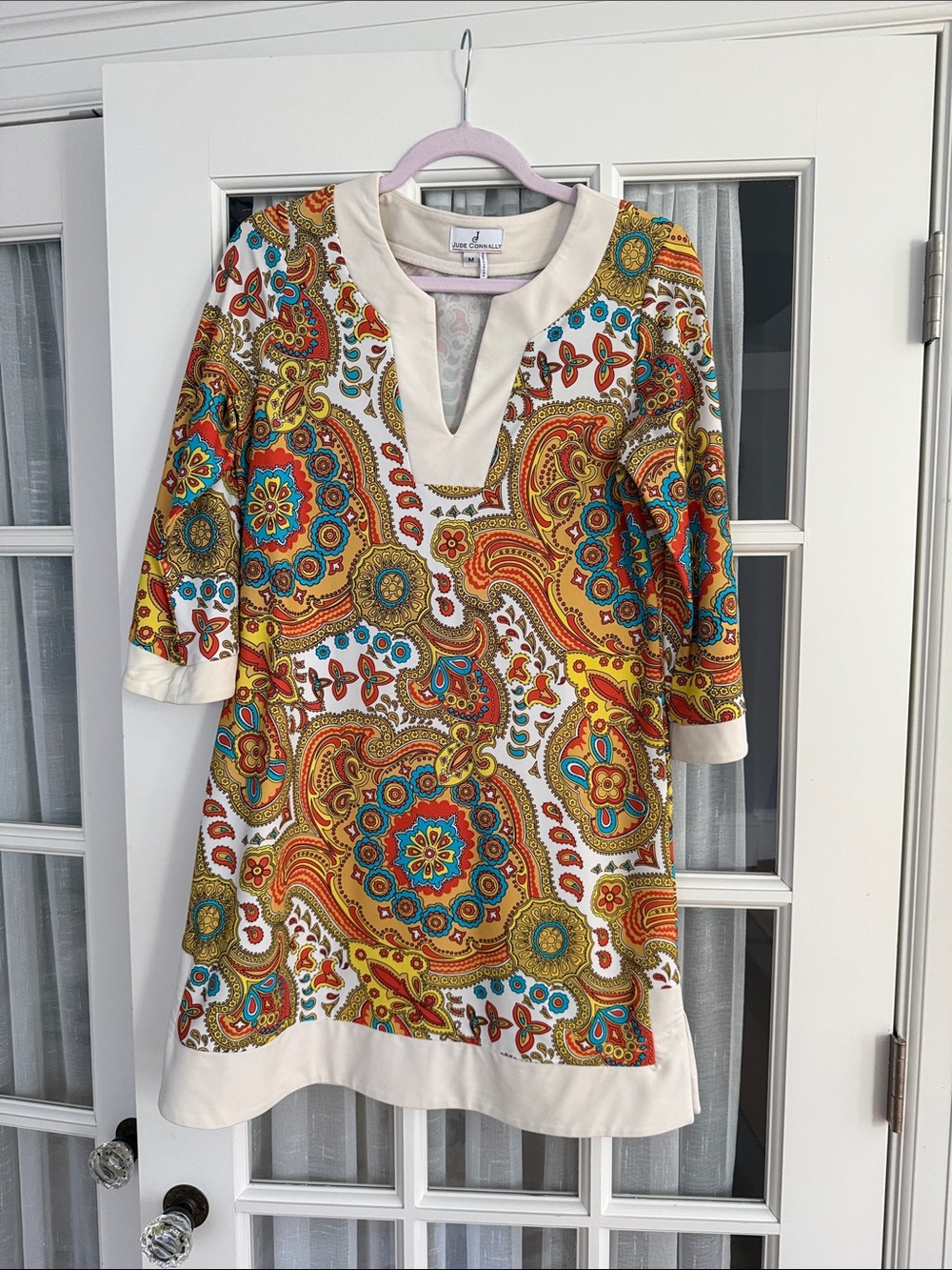 Jude Connally Multicolor Paisley Shift Dress with Cream Trim